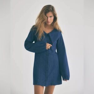 Zara Peter Pan Collar Dark Denim Button-Up Dress Long Sleeve